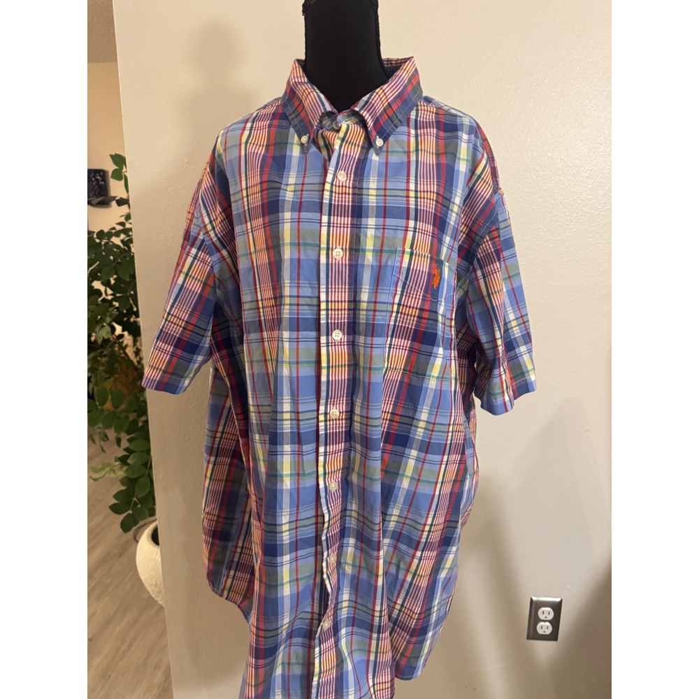 Y2K US Polo Assn Mens XLT Short Sleeve Plaid Button Down Shirt Multicolor Blue